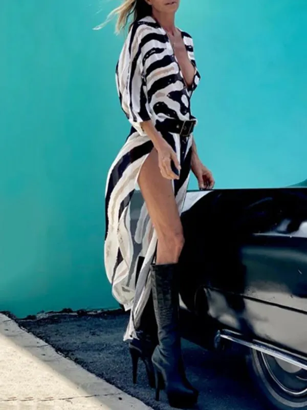 Belted Zebra Printed Half Sleeves V-neck Cover-Ups Tops