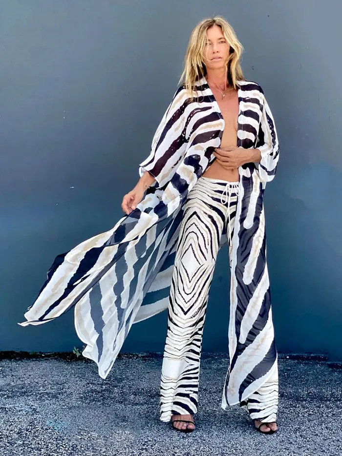Belted Zebra Printed Half Sleeves V-neck Cover-Ups Tops