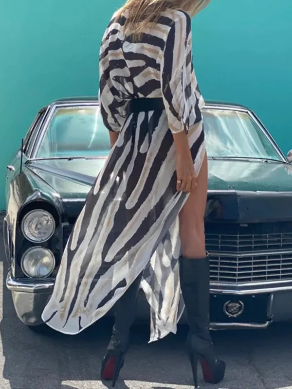 Belted Zebra Printed Half Sleeves V-neck Cover-Ups Tops