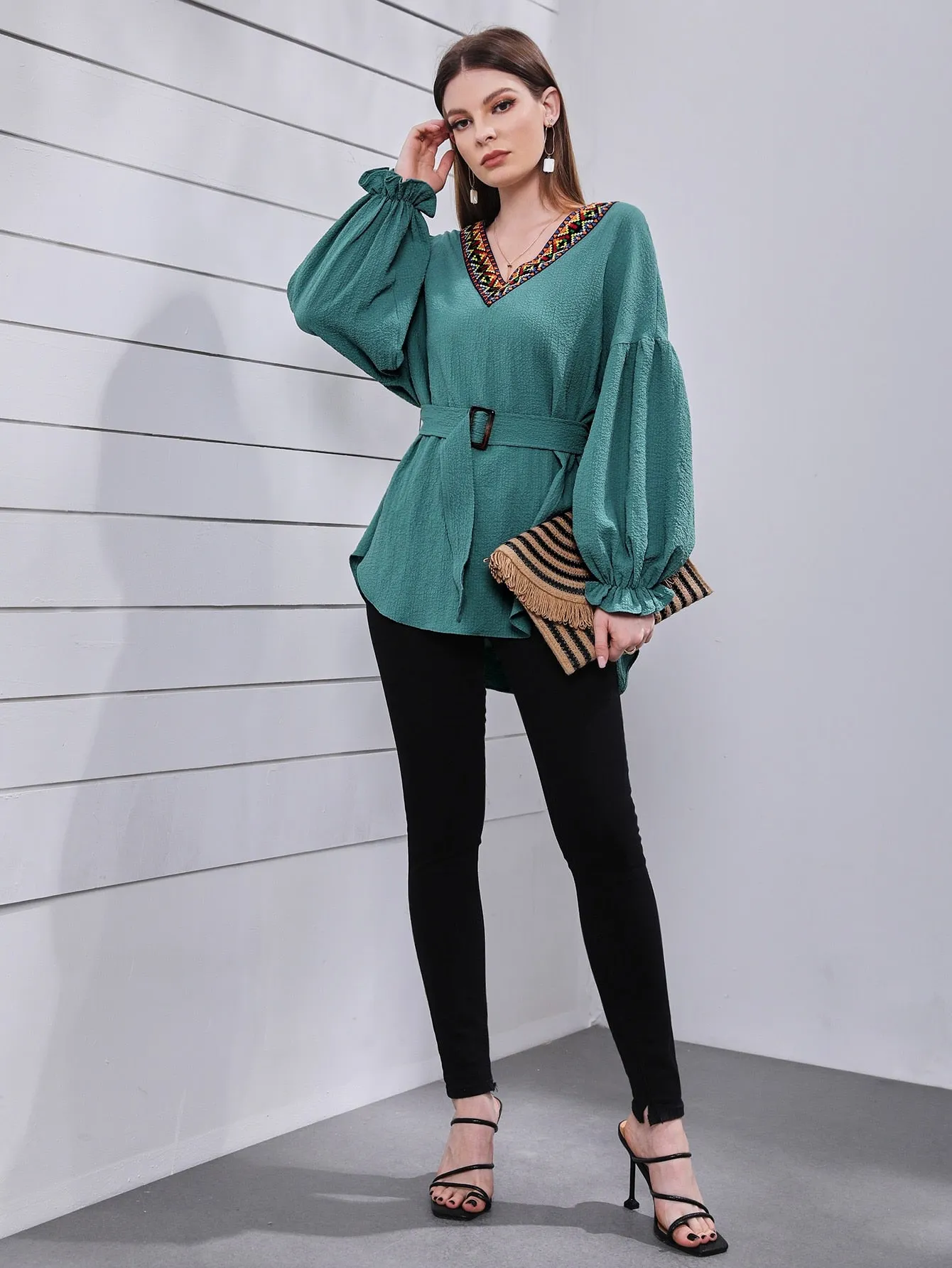 Bishop Sleeve Geo Embroidery Buckle Belted Blouse