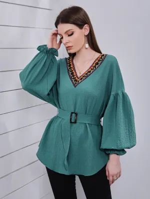 Bishop Sleeve Geo Embroidery Buckle Belted Blouse