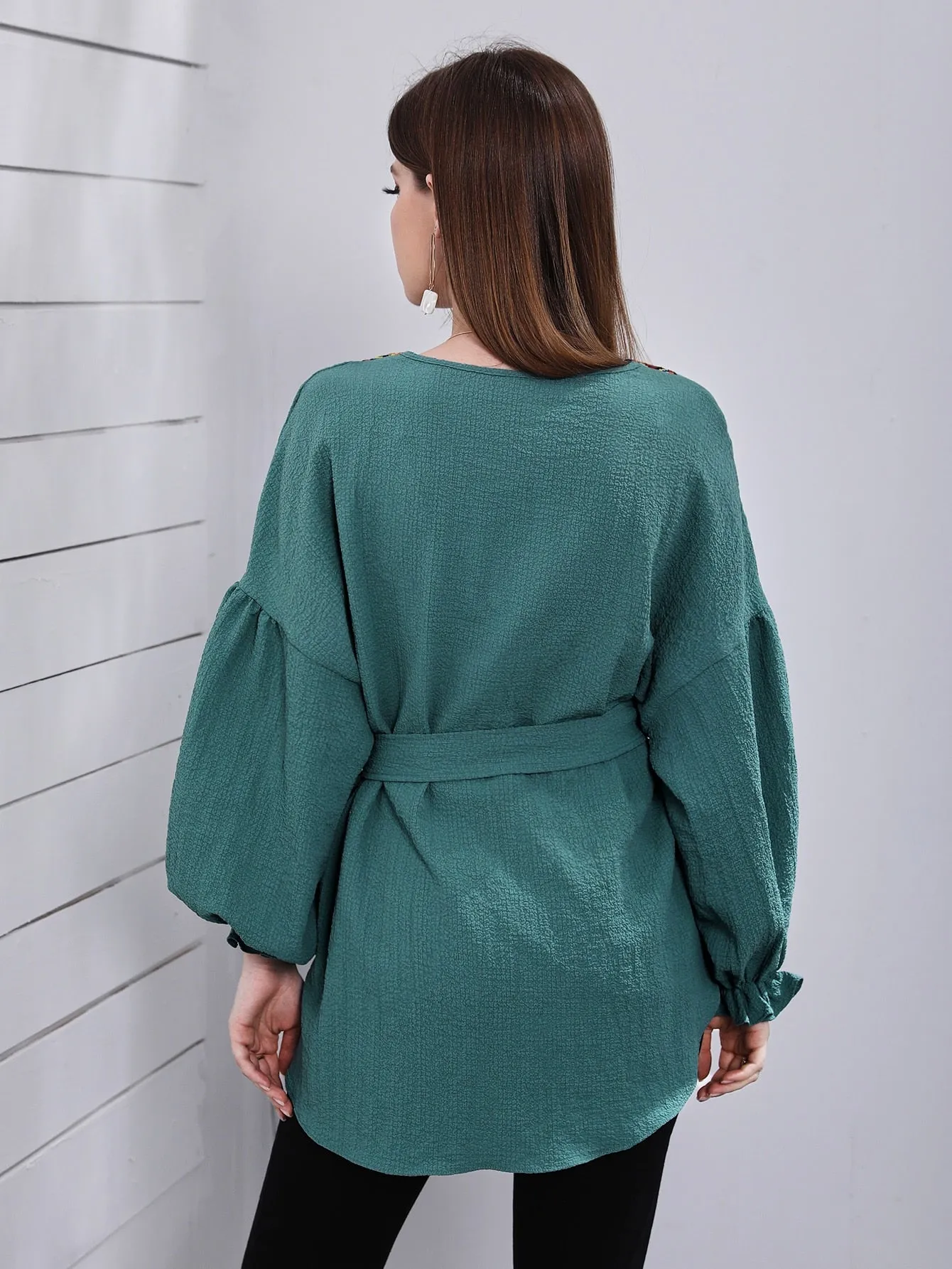 Bishop Sleeve Geo Embroidery Buckle Belted Blouse