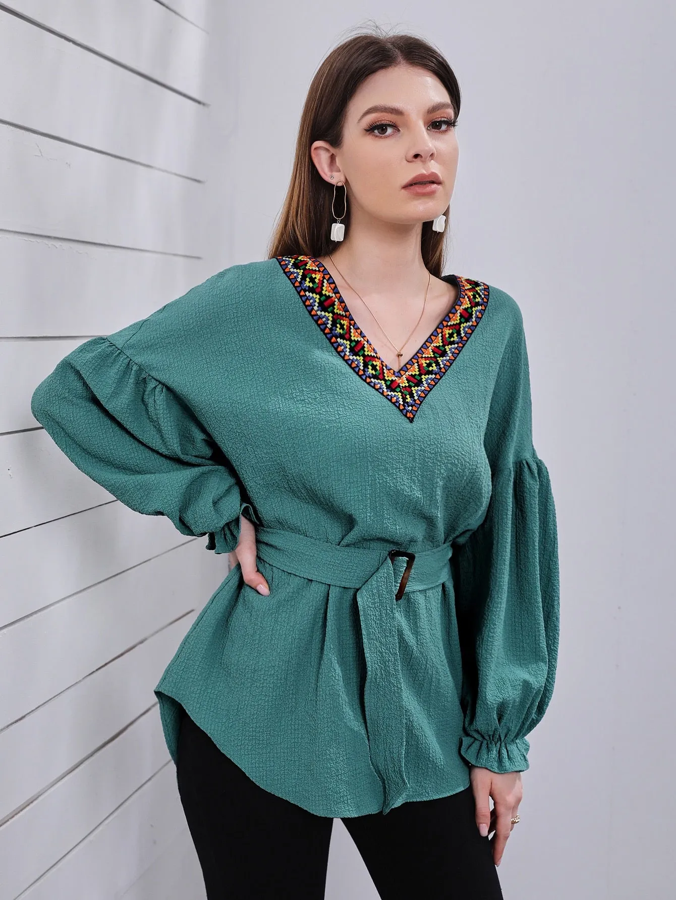 Bishop Sleeve Geo Embroidery Buckle Belted Blouse