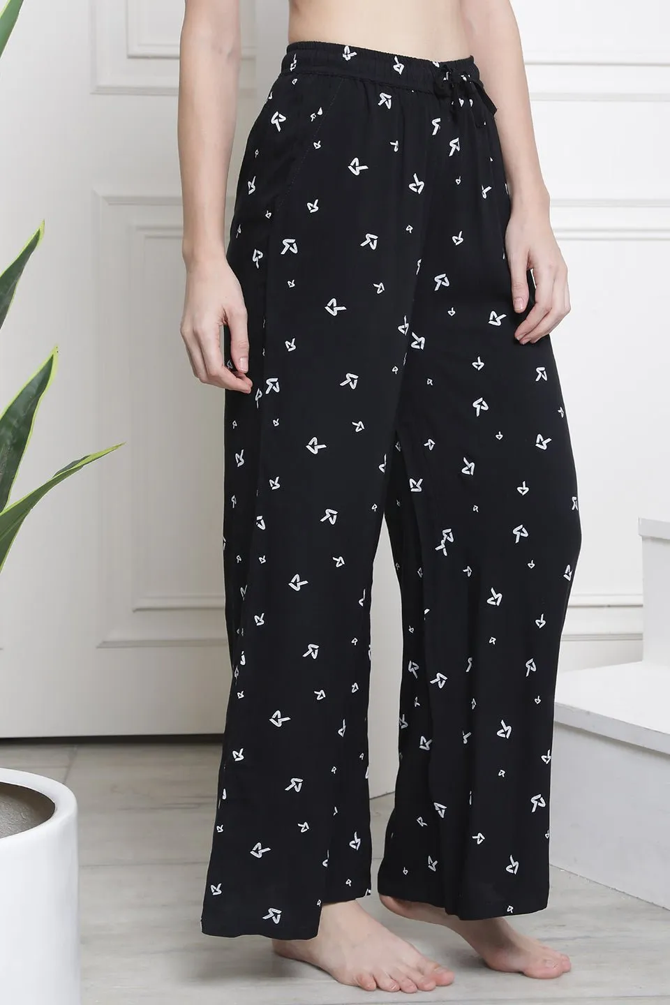 Black Abstract Printed Cotton Lounge Pants