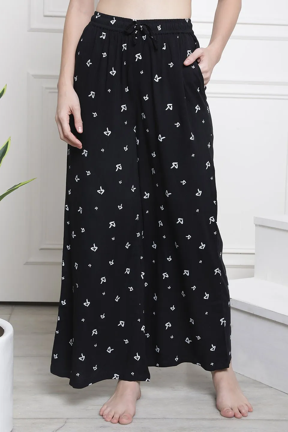 Black Abstract Printed Cotton Lounge Pants