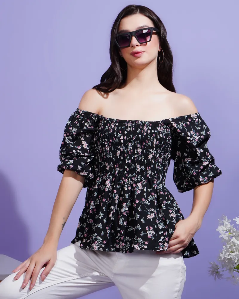Black blossom smocked peplum stunner top