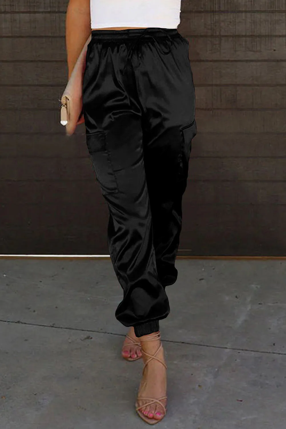Black Blue Satin Pocketed Drawstring Elastic Waist Pants