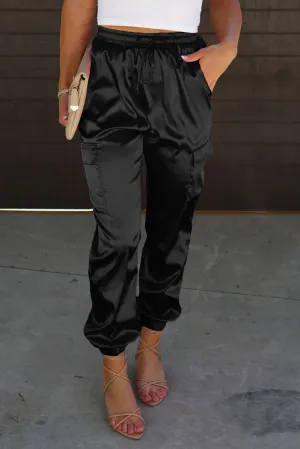 Black Blue Satin Pocketed Drawstring Elastic Waist Pants
