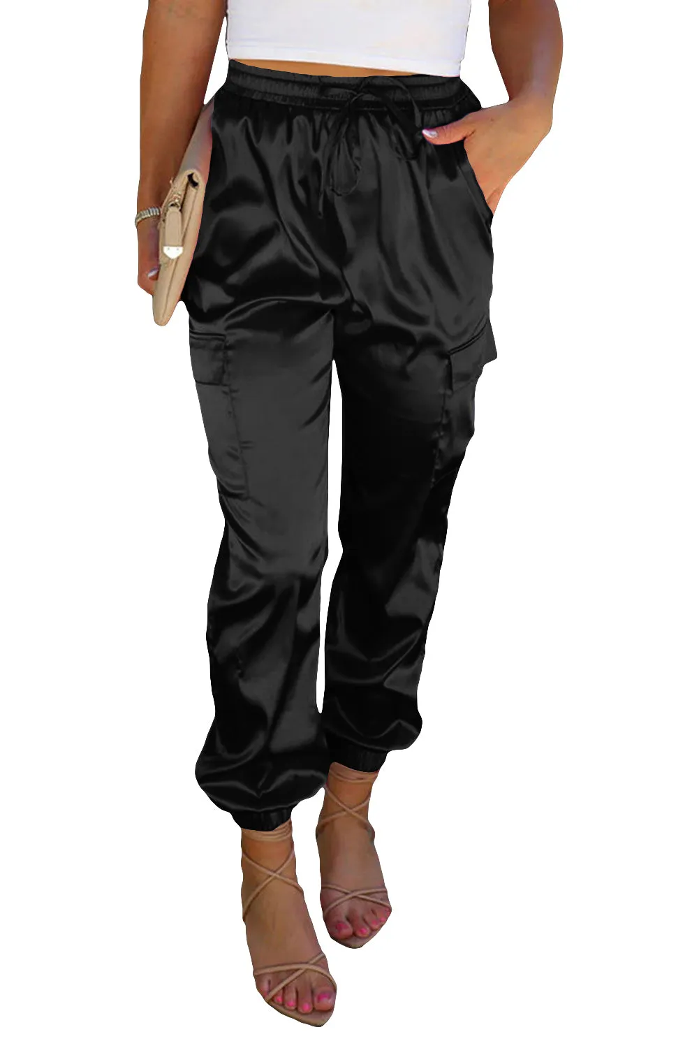 Black Blue Satin Pocketed Drawstring Elastic Waist Pants