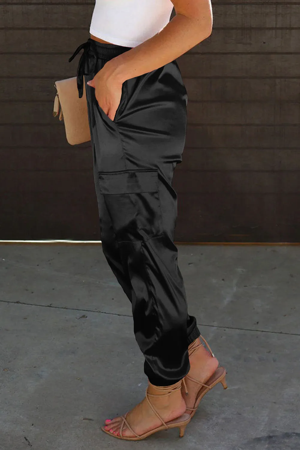 Black Blue Satin Pocketed Drawstring Elastic Waist Pants