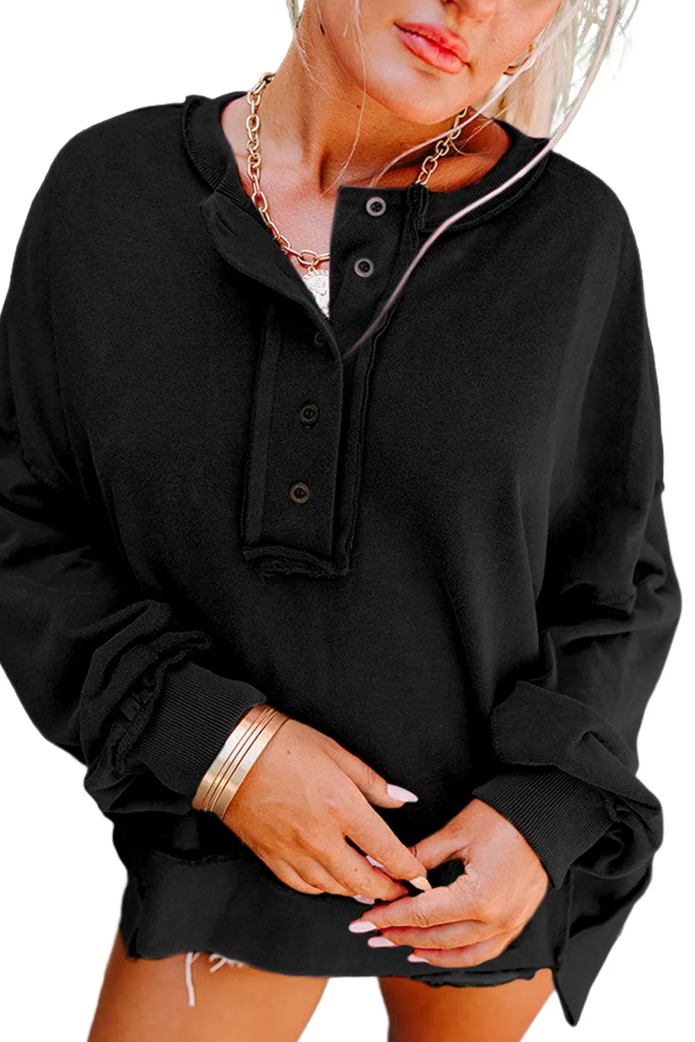 Black Drop Shoulder Henley Buttons Sweatshirt