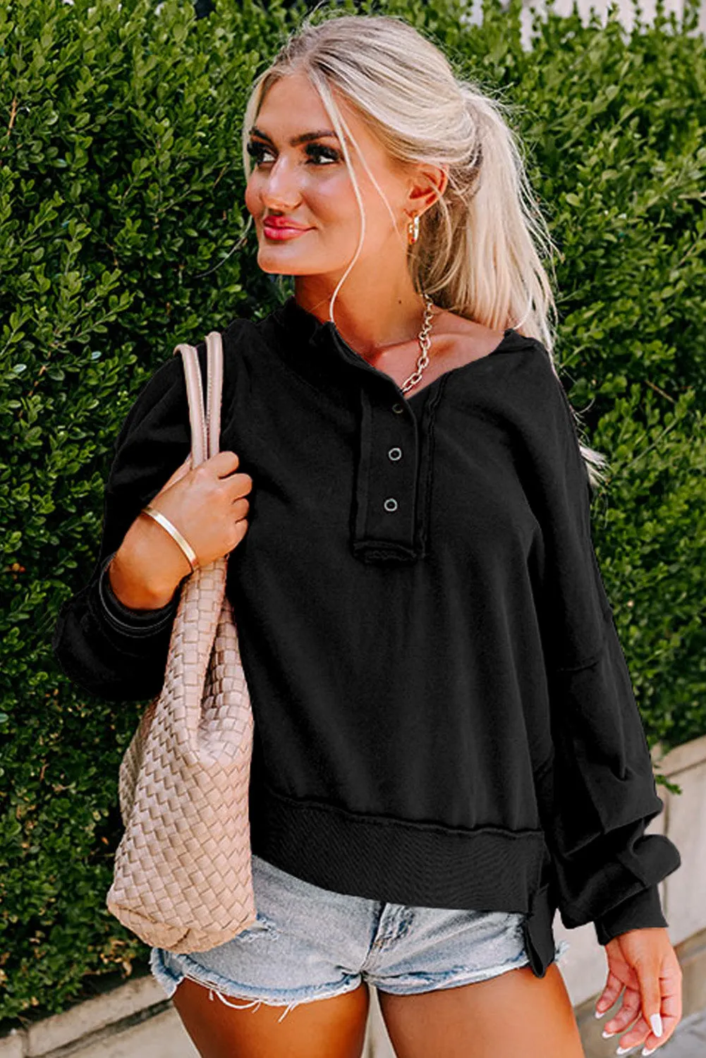 Black Drop Shoulder Henley Buttons Sweatshirt