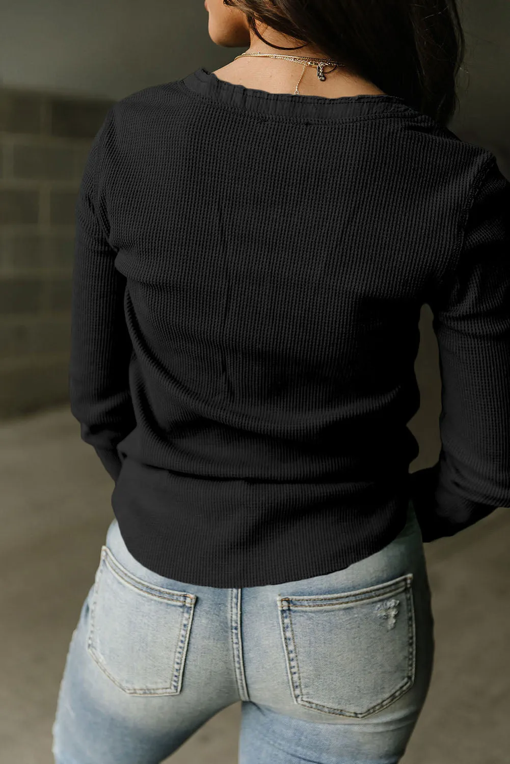Black Green Trimmed Henley Neckline Waffle Knit Long Sleeve Top