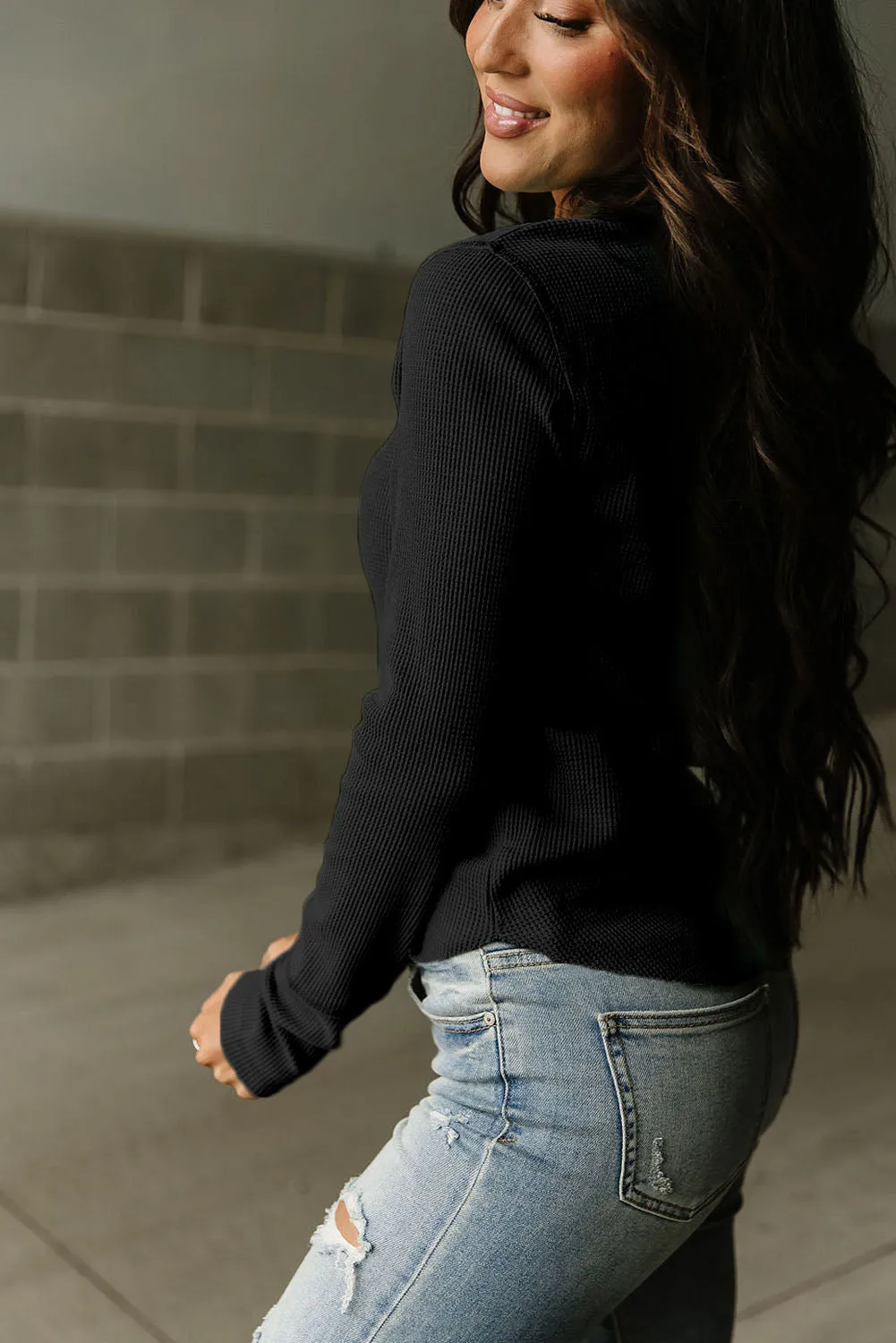 Black Green Trimmed Henley Neckline Waffle Knit Long Sleeve Top