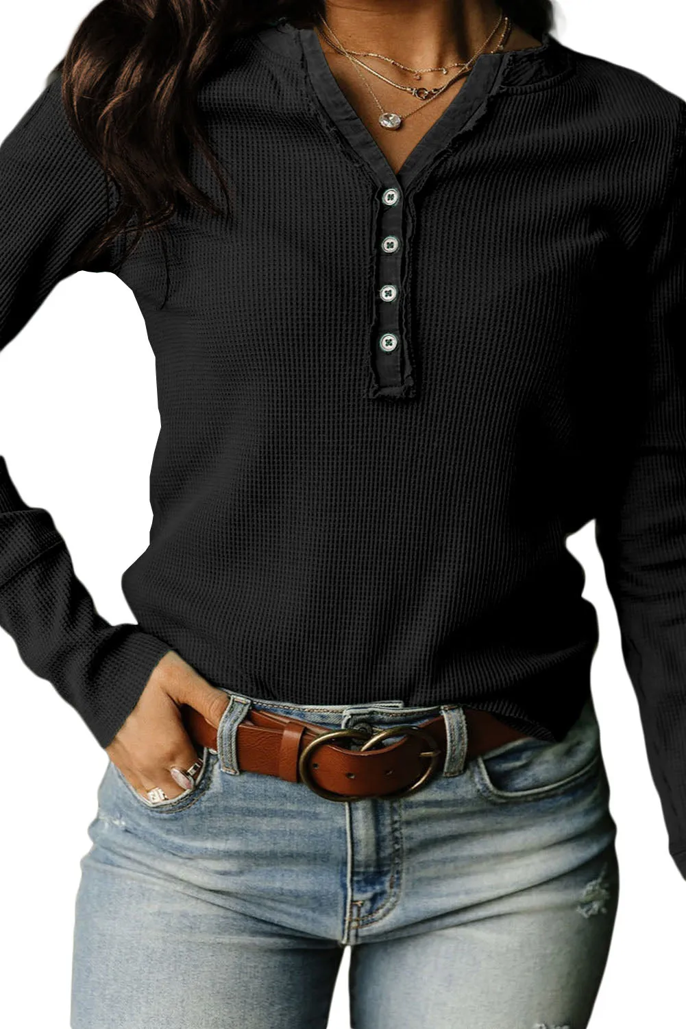 Black Green Trimmed Henley Neckline Waffle Knit Long Sleeve Top
