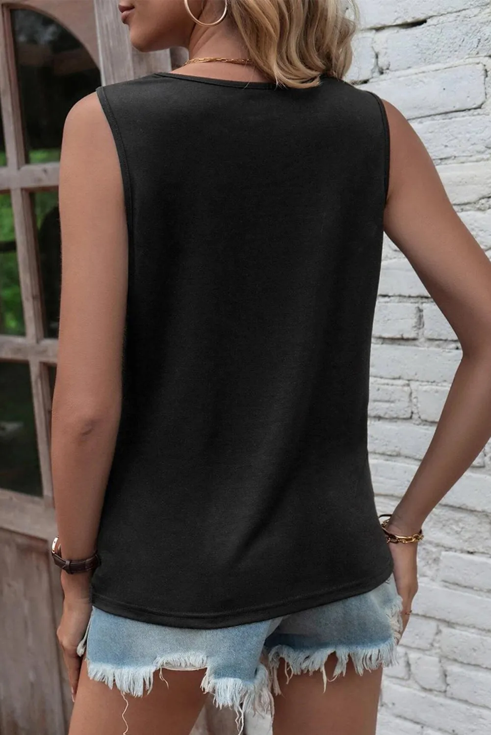 Black Laser Cut Slits Twist Front Tank Top