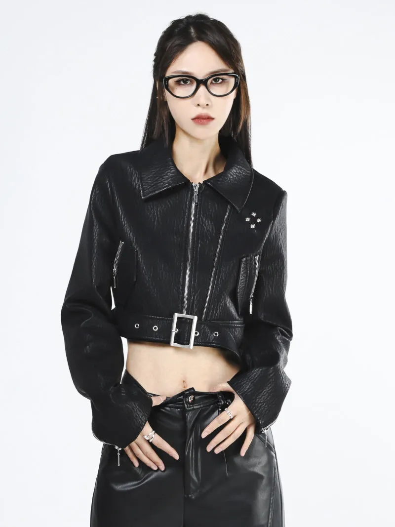 Black Open Belt Cropped Jacket