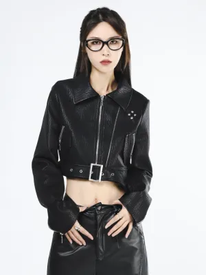 Black Open Belt Cropped Jacket
