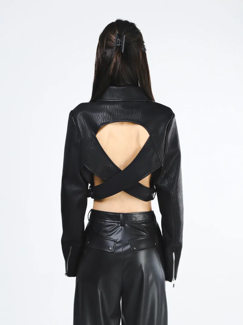 Black Open Belt Cropped Jacket