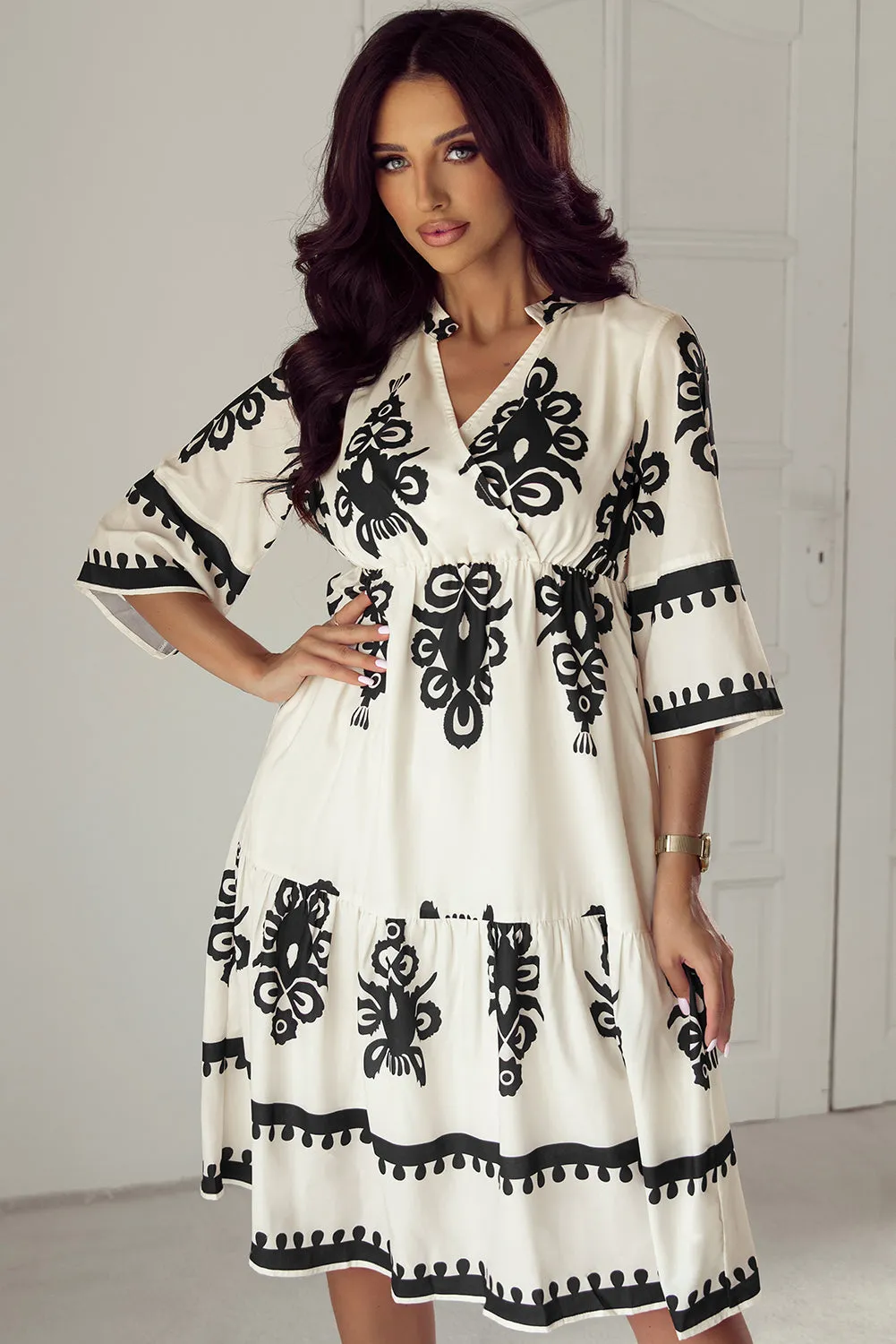 Black Plus Size Western Floral Print Fringed V Neck Dress