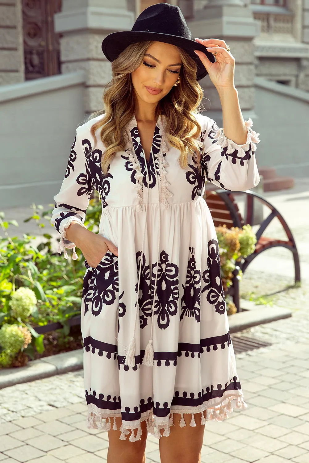 Black Plus Size Western Floral Print Fringed V Neck Dress