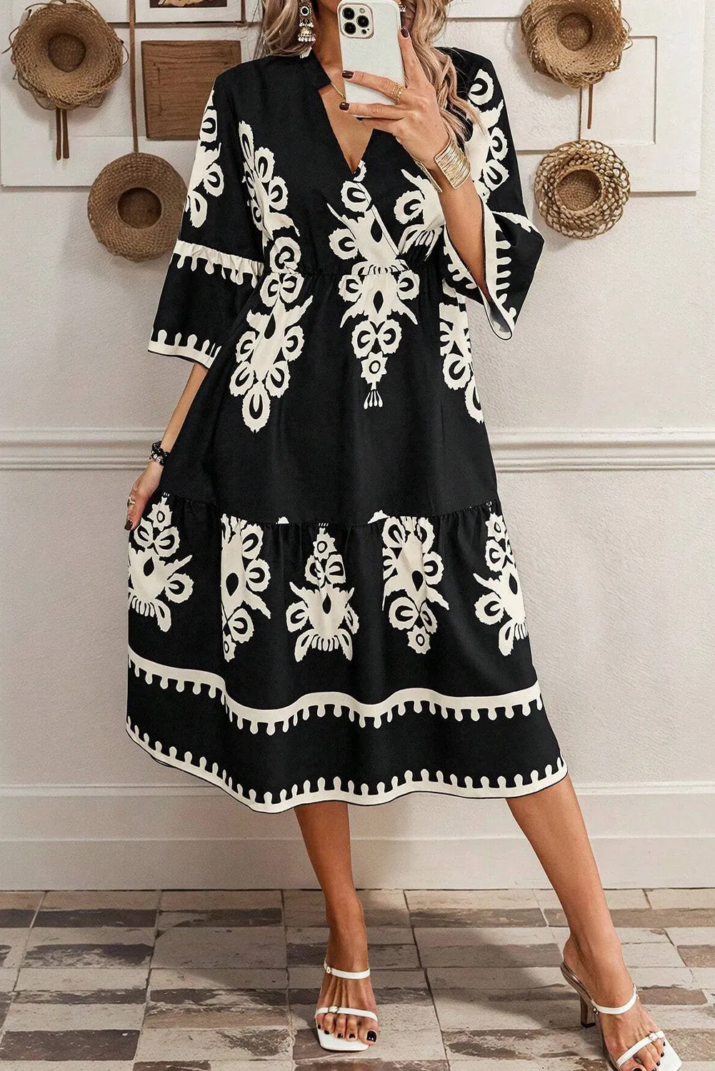 Black Plus Size Western Floral Print Fringed V Neck Dress