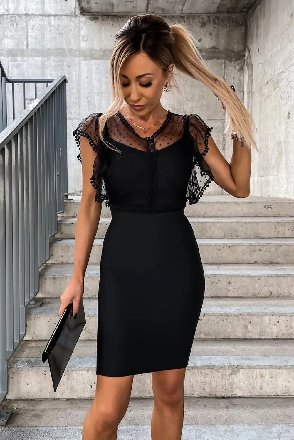 Black Polka Dot Mesh Splicing Flutter Sleeves Sheath Midi Dress