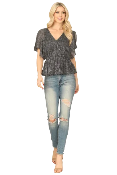 Black Silver Elastic Peplum Shiny Wrap Top  - Pack of 6