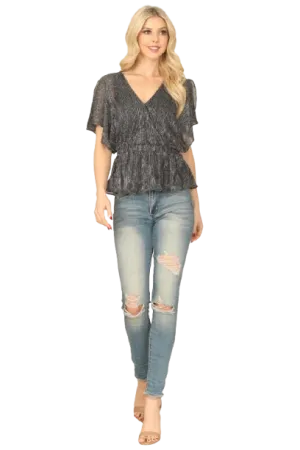 Black Silver Elastic Peplum Shiny Wrap Top  - Pack of 6