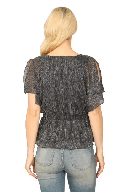 Black Silver Elastic Peplum Shiny Wrap Top  - Pack of 6