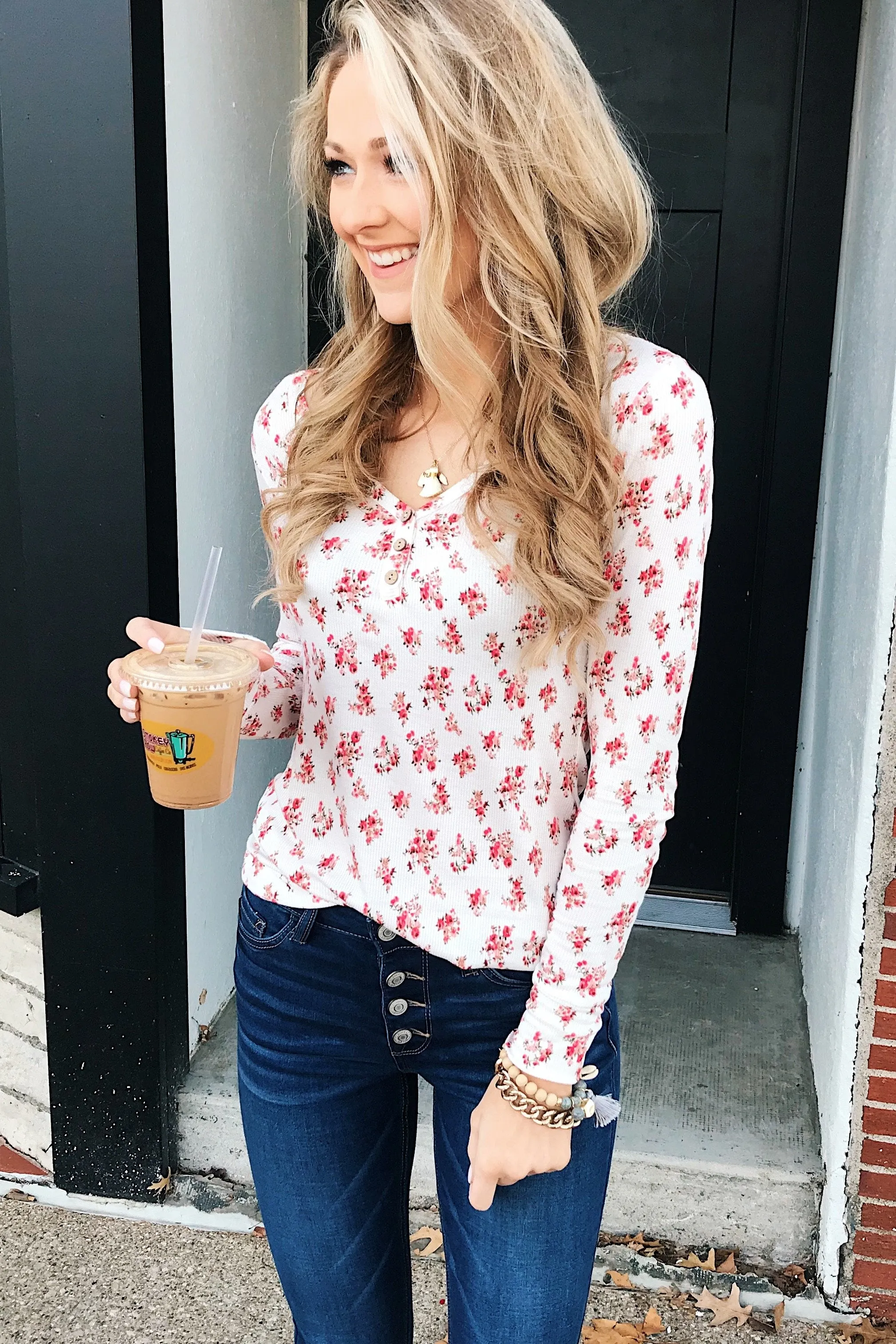 Blossoming Beauty 3-Button Henley Top - Ivory