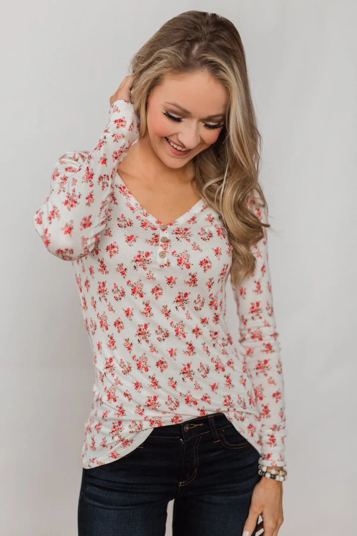 Blossoming Beauty 3-Button Henley Top - Ivory