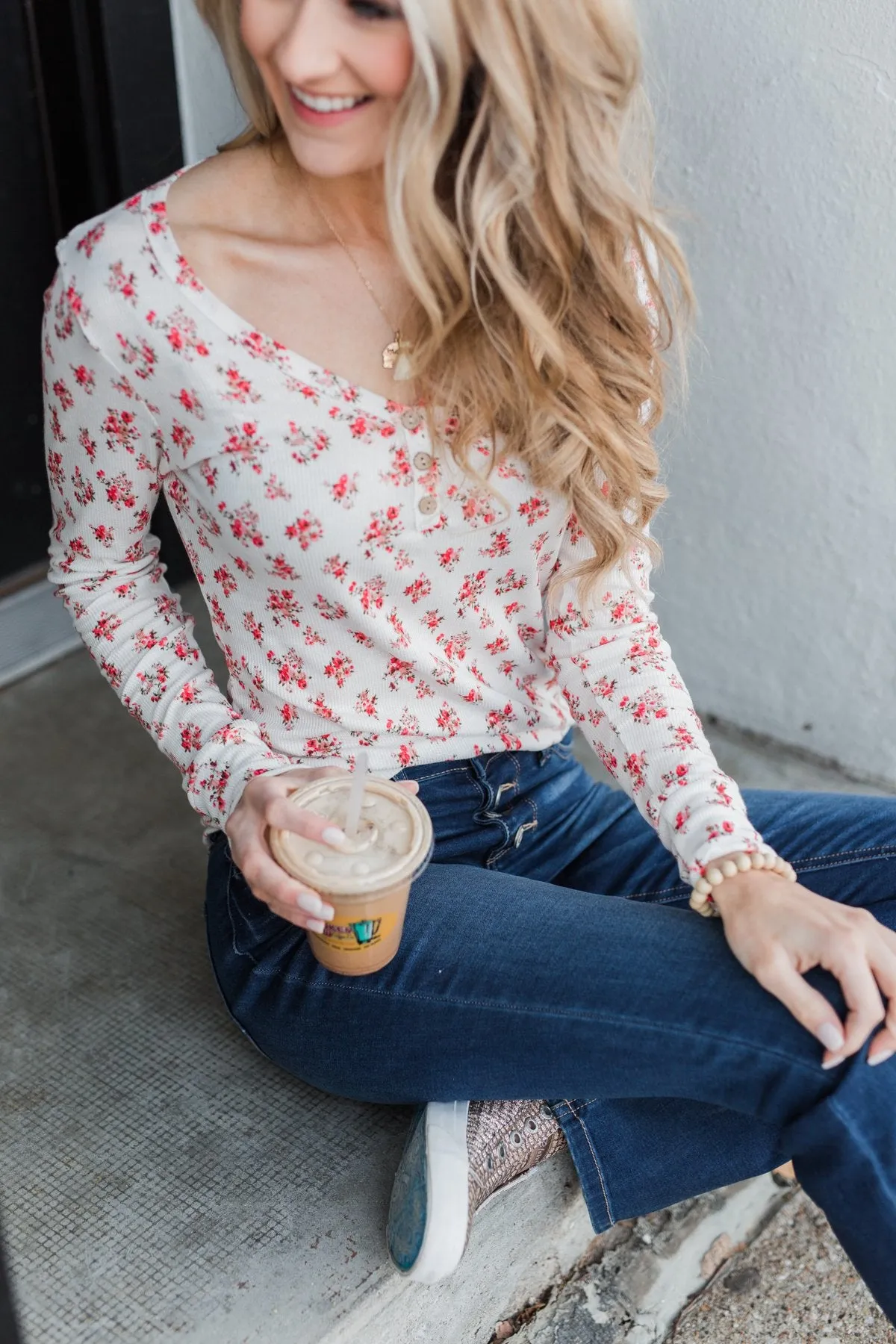 Blossoming Beauty 3-Button Henley Top - Ivory