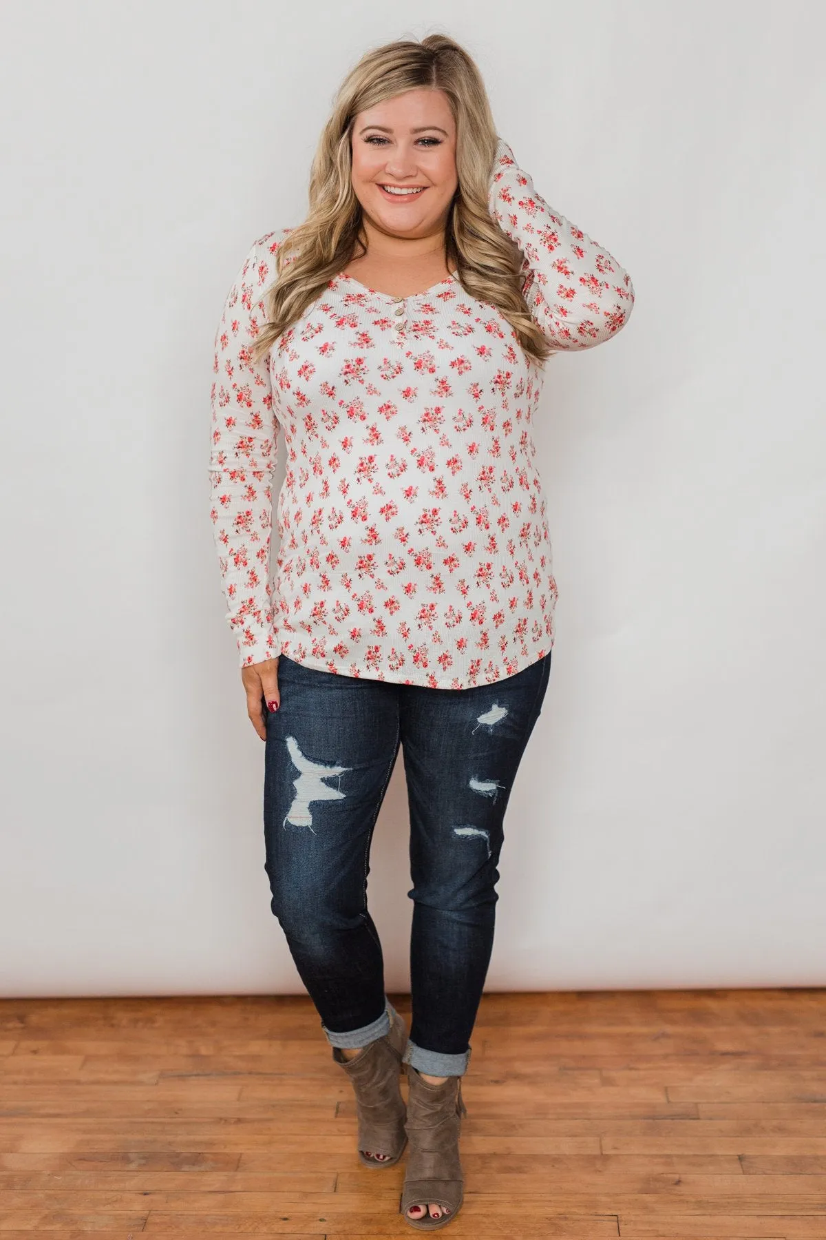 Blossoming Beauty 3-Button Henley Top - Ivory