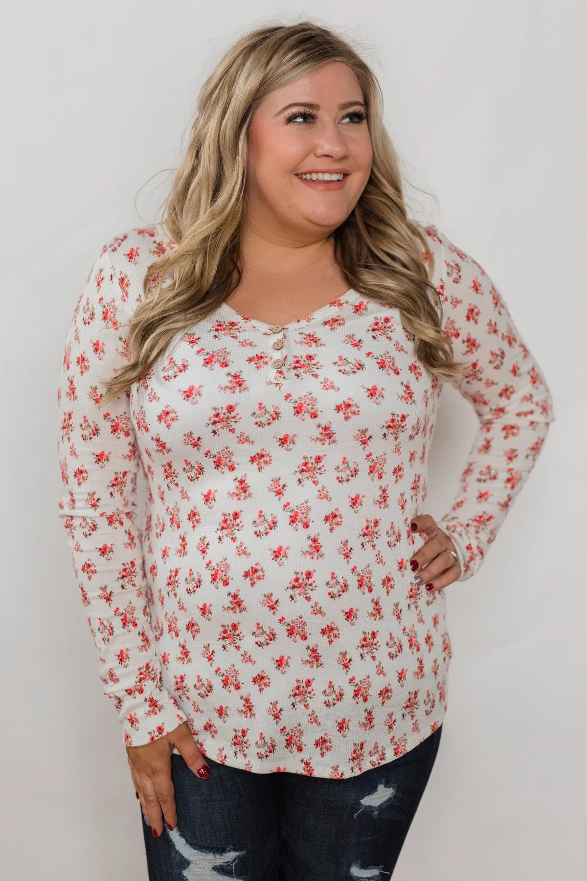 Blossoming Beauty 3-Button Henley Top - Ivory