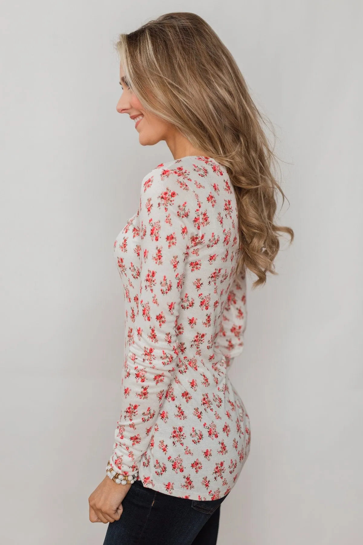 Blossoming Beauty 3-Button Henley Top - Ivory