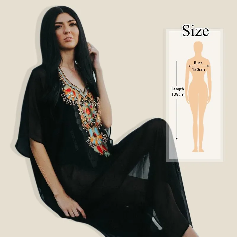 Blue Bohemian Embroidered Batwing Sleeve Side Split Summer Beach Dress Chiffon Tunic Women Plus Size Beachwear Kaftan Q746