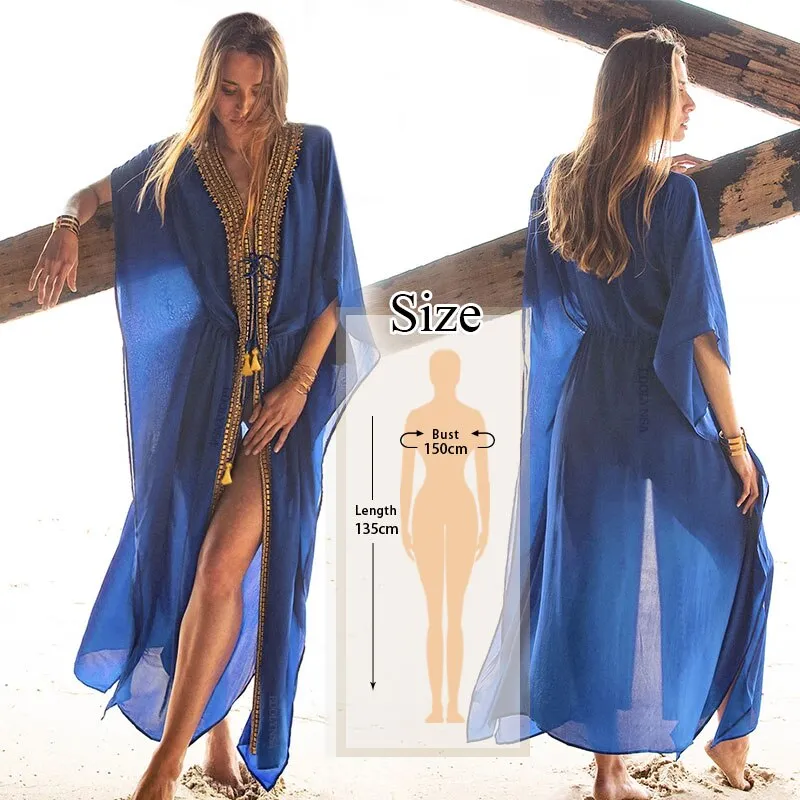 Blue Bohemian Embroidered Batwing Sleeve Side Split Summer Beach Dress Chiffon Tunic Women Plus Size Beachwear Kaftan Q746