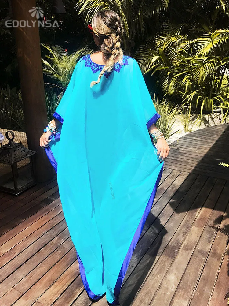Blue Bohemian Embroidered Batwing Sleeve Side Split Summer Beach Dress Chiffon Tunic Women Plus Size Beachwear Kaftan Q746