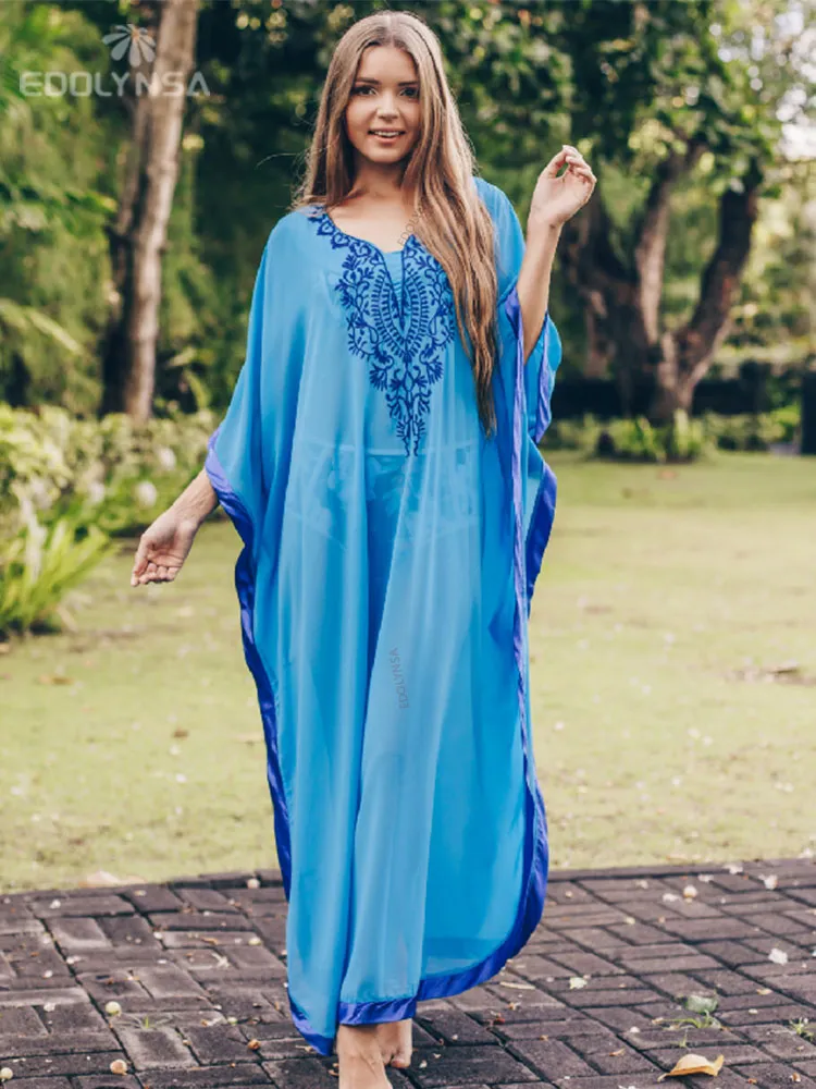 Blue Bohemian Embroidered Batwing Sleeve Side Split Summer Beach Dress Chiffon Tunic Women Plus Size Beachwear Kaftan Q746