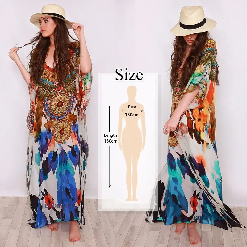 Blue Bohemian Embroidered Batwing Sleeve Side Split Summer Beach Dress Chiffon Tunic Women Plus Size Beachwear Kaftan Q746