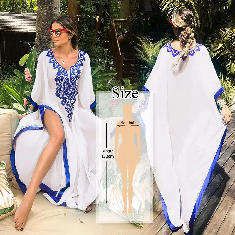 Blue Bohemian Embroidered Batwing Sleeve Side Split Summer Beach Dress Chiffon Tunic Women Plus Size Beachwear Kaftan Q746