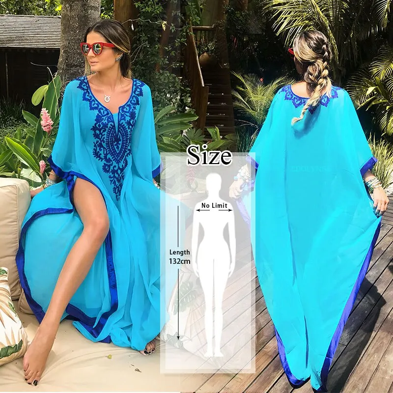 Blue Bohemian Embroidered Batwing Sleeve Side Split Summer Beach Dress Chiffon Tunic Women Plus Size Beachwear Kaftan Q746