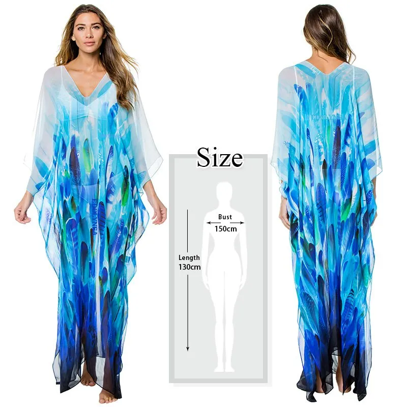 Blue Bohemian Embroidered Batwing Sleeve Side Split Summer Beach Dress Chiffon Tunic Women Plus Size Beachwear Kaftan Q746
