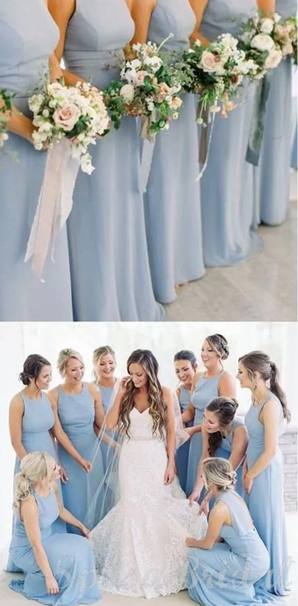 Blue Custom Cheap Simple Jewel Neckline Floor-length Sheath  Bridesmaid Dresses  WG585