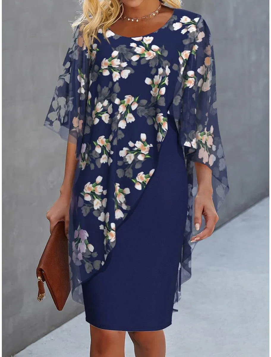 Blue printed round neck mini dress
