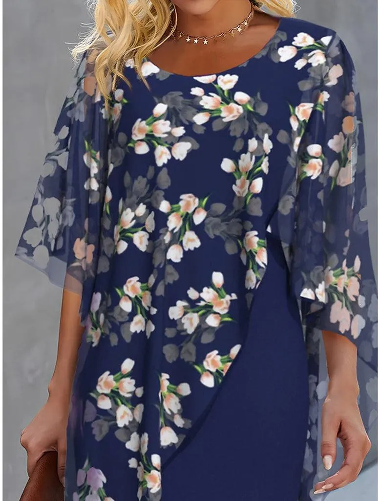Blue printed round neck mini dress