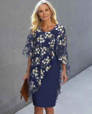 Blue printed round neck mini dress