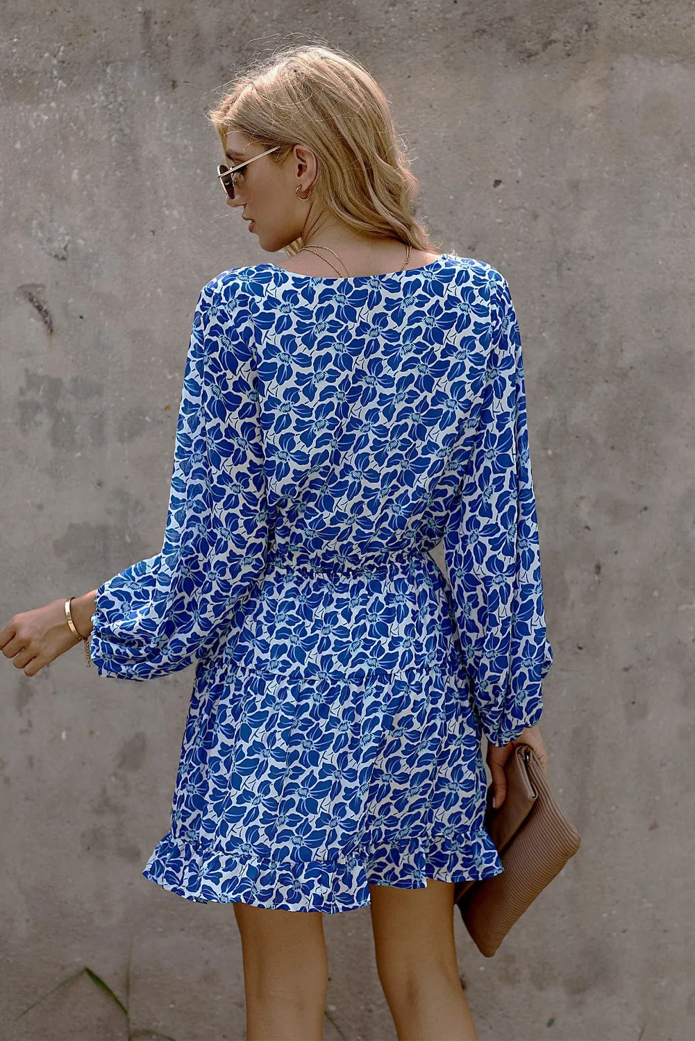 Blue V Neck Lantern Sleeves Floral Tunic Dress
