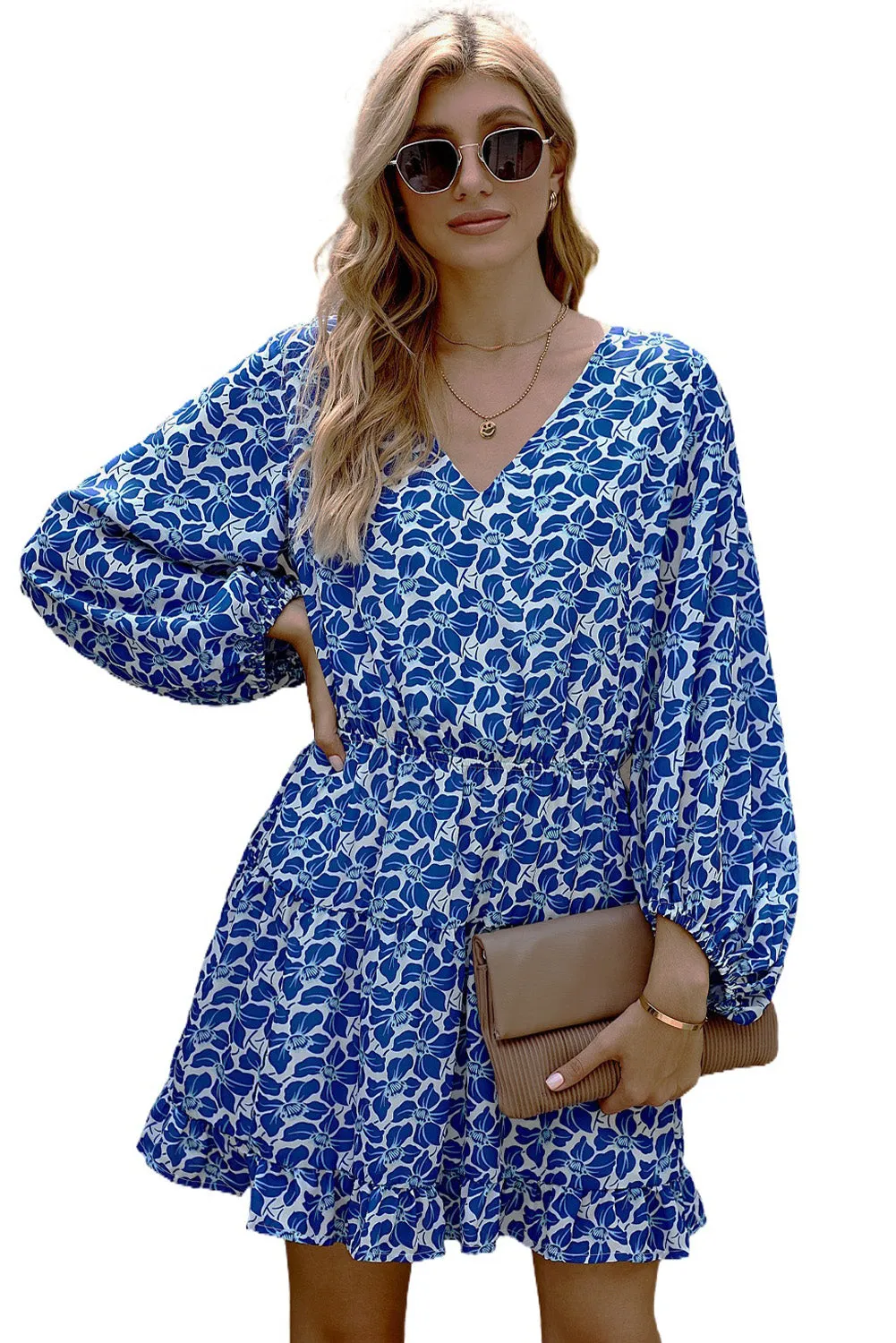 Blue V Neck Lantern Sleeves Floral Tunic Dress